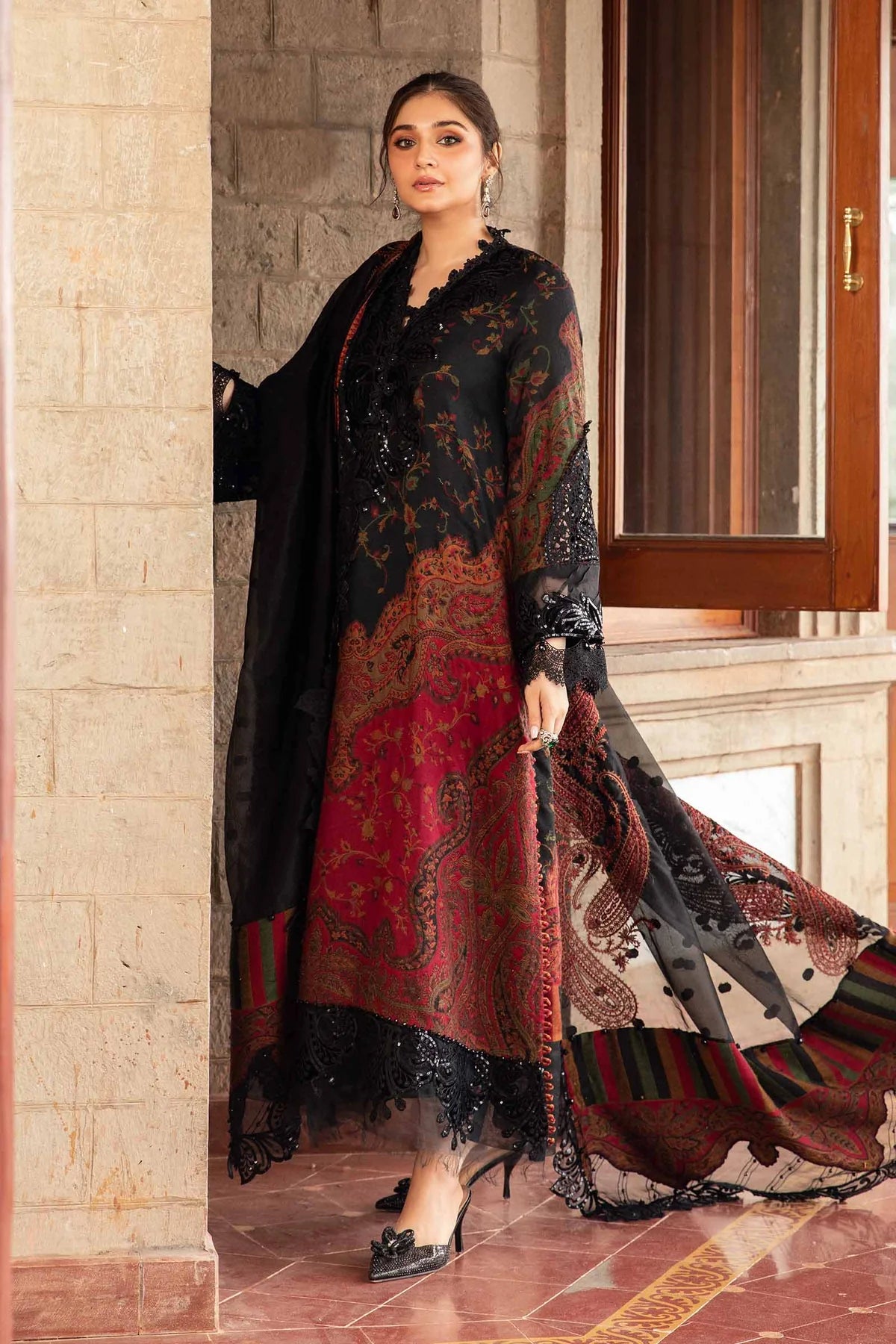 3 Pc Printed Lawn Suit with Embroidered Work & Chiffon Dupatta - Unstitched