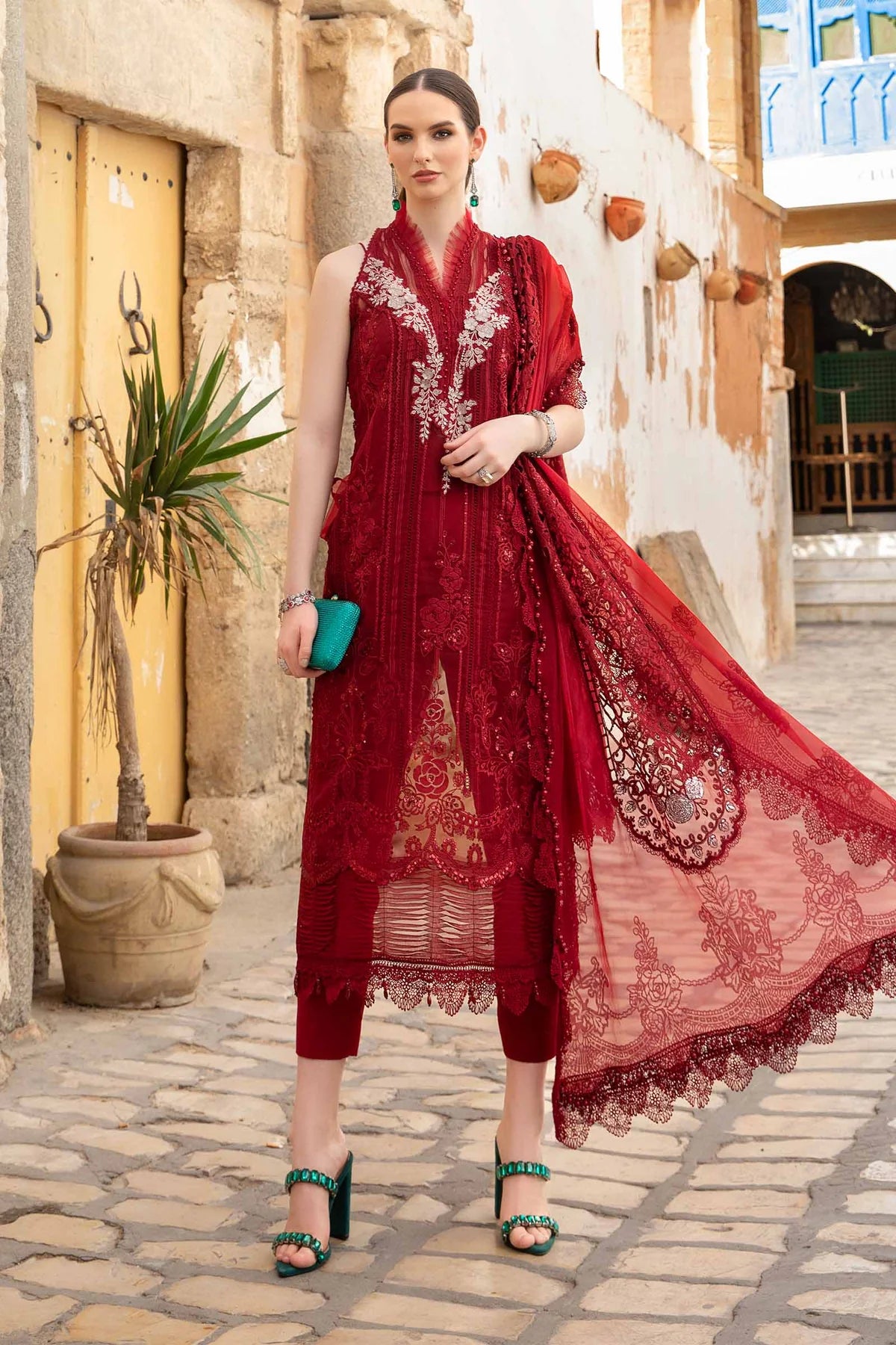 3 Piece Organza Heavy Embroidery with Spangle Work Suit with Cotton Net Printed Dupatta - Unstitched