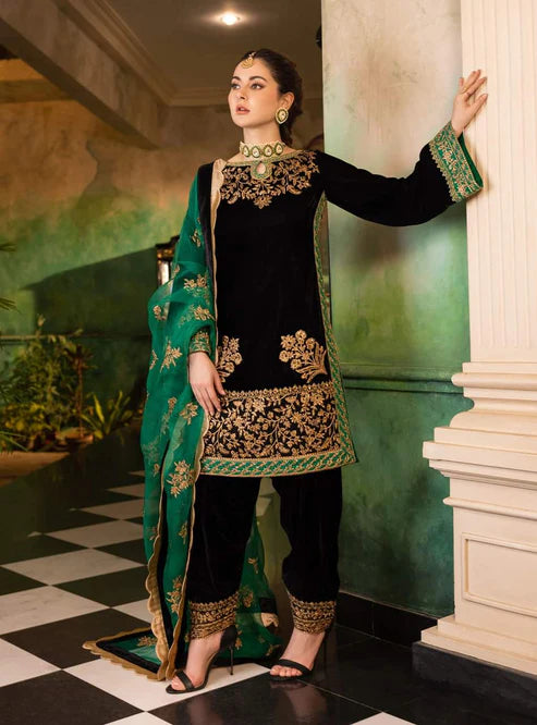 Heavy Embroidered Velvet 3-Piece Suit - Unstitched