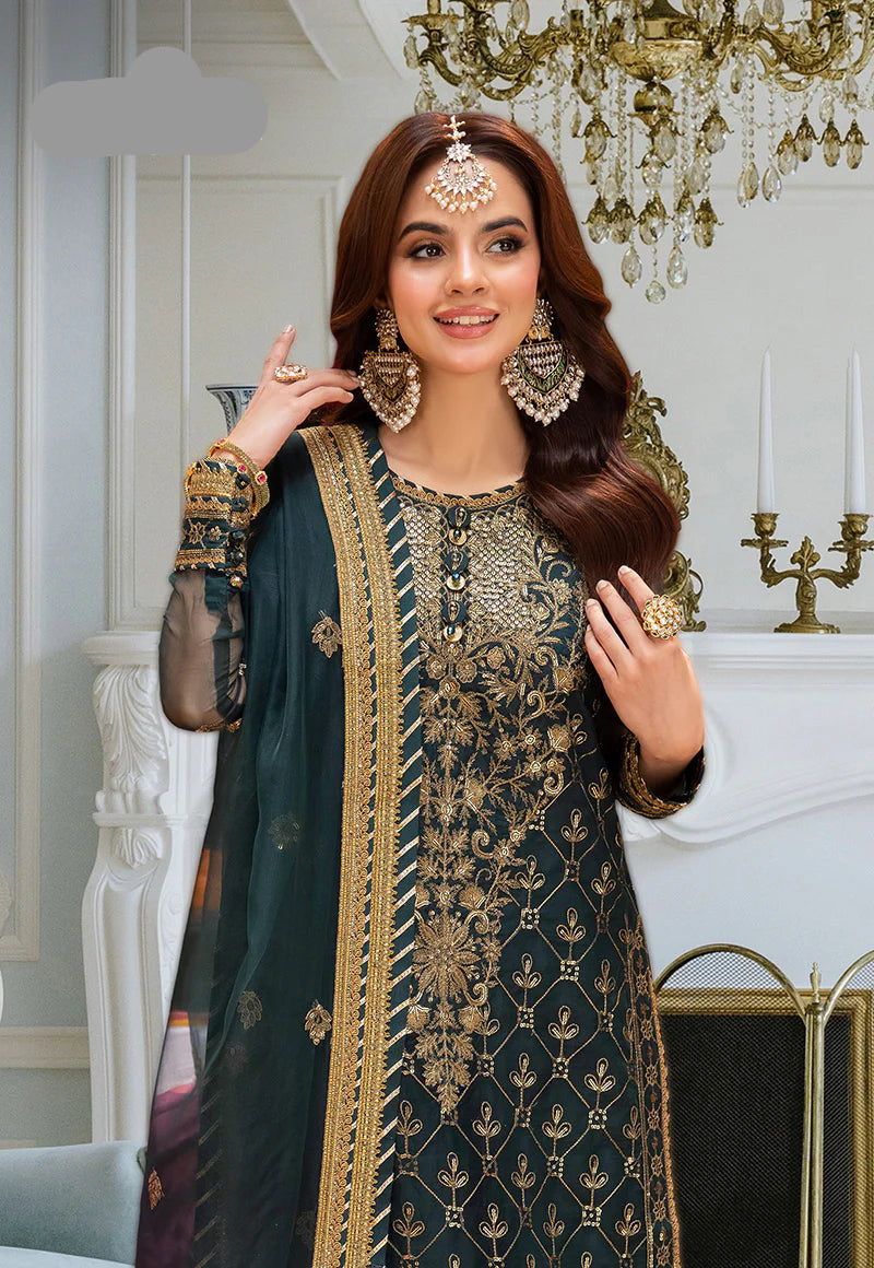 Chiffon 3 Pc Embroidered Spengle Work Suit - Unstitched