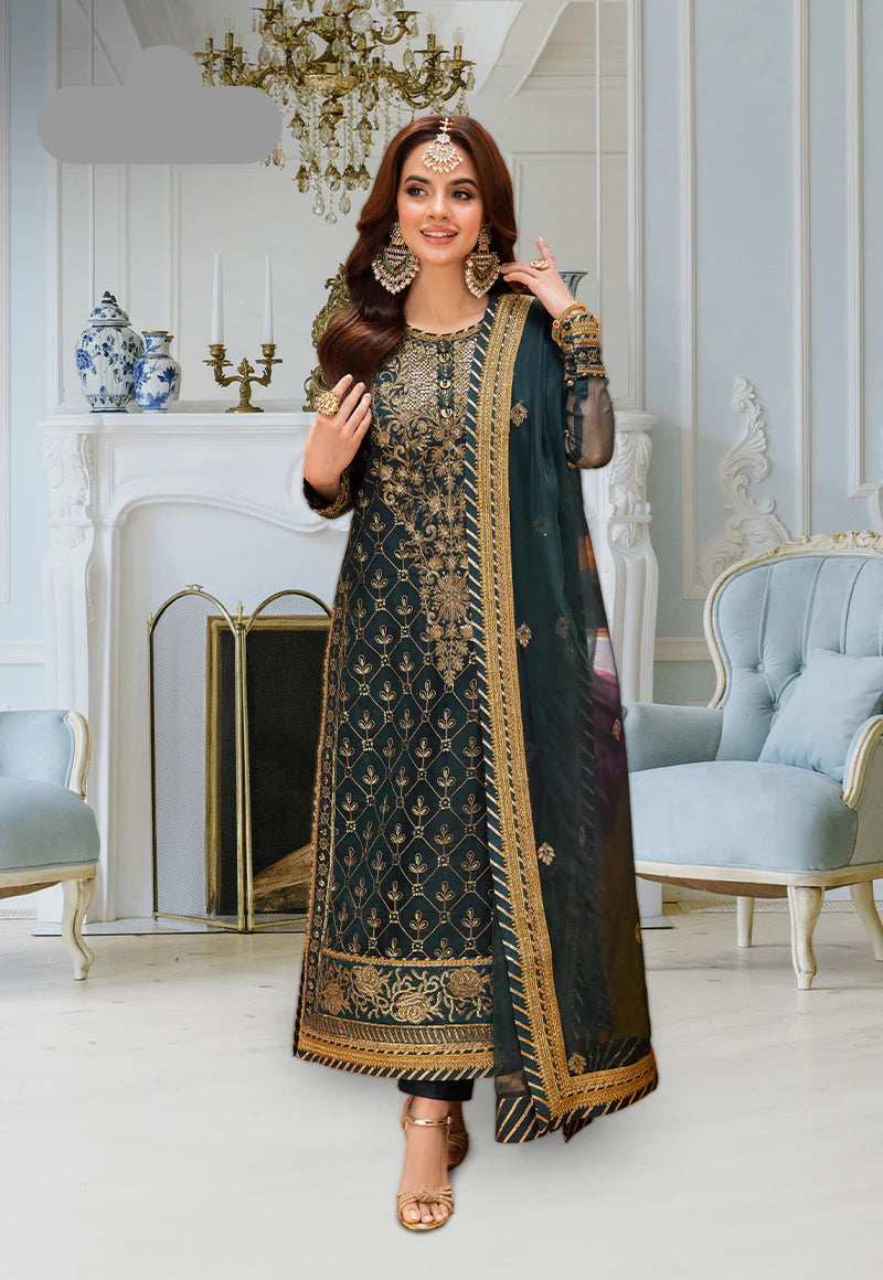 Chiffon 3 Pc Embroidered Spengle Work Suit - Unstitched