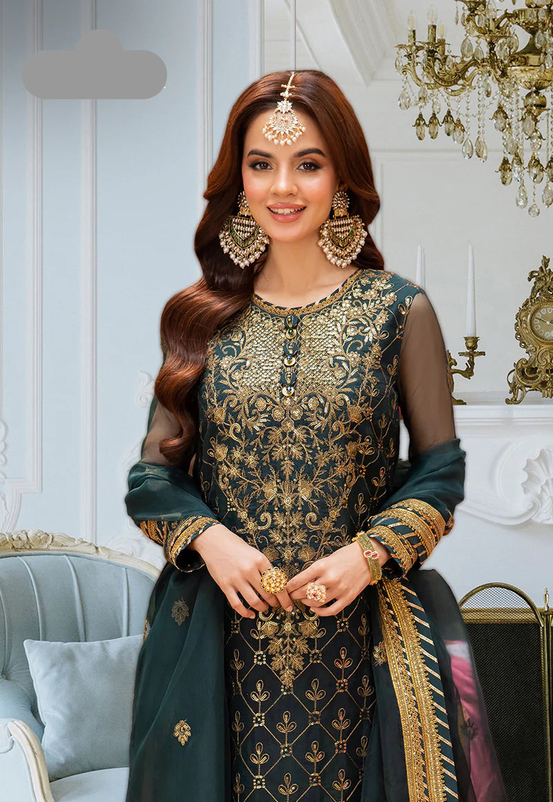 Chiffon 3 Pc Embroidered Spengle Work Suit - Unstitched