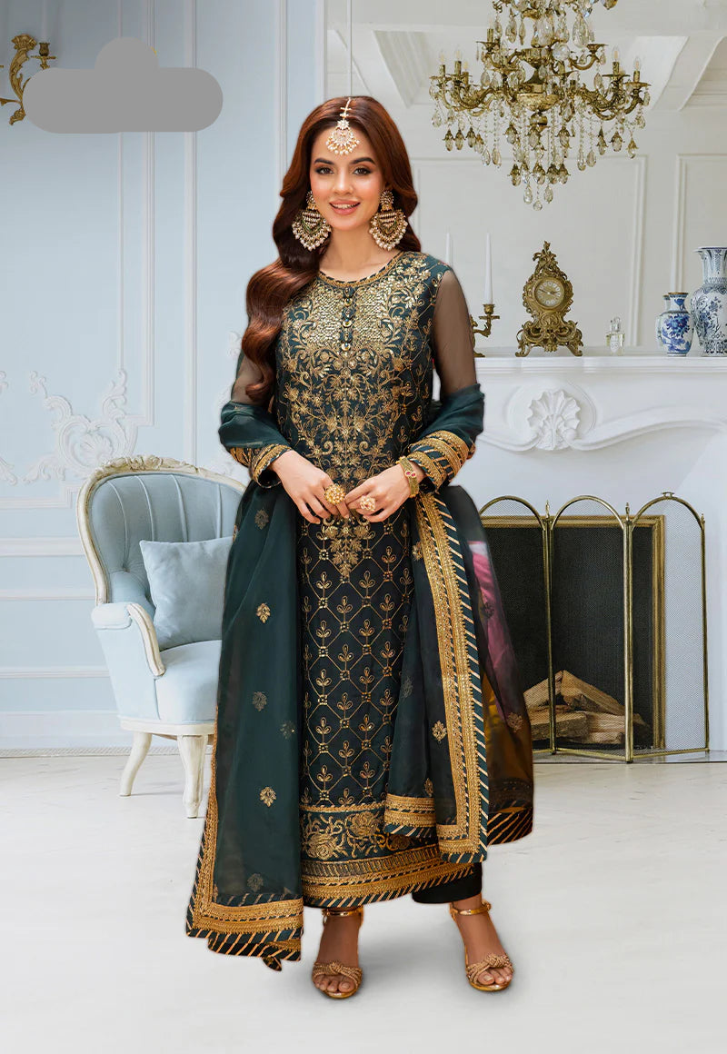 Chiffon 3 Pc Embroidered Spengle Work Suit - Unstitched