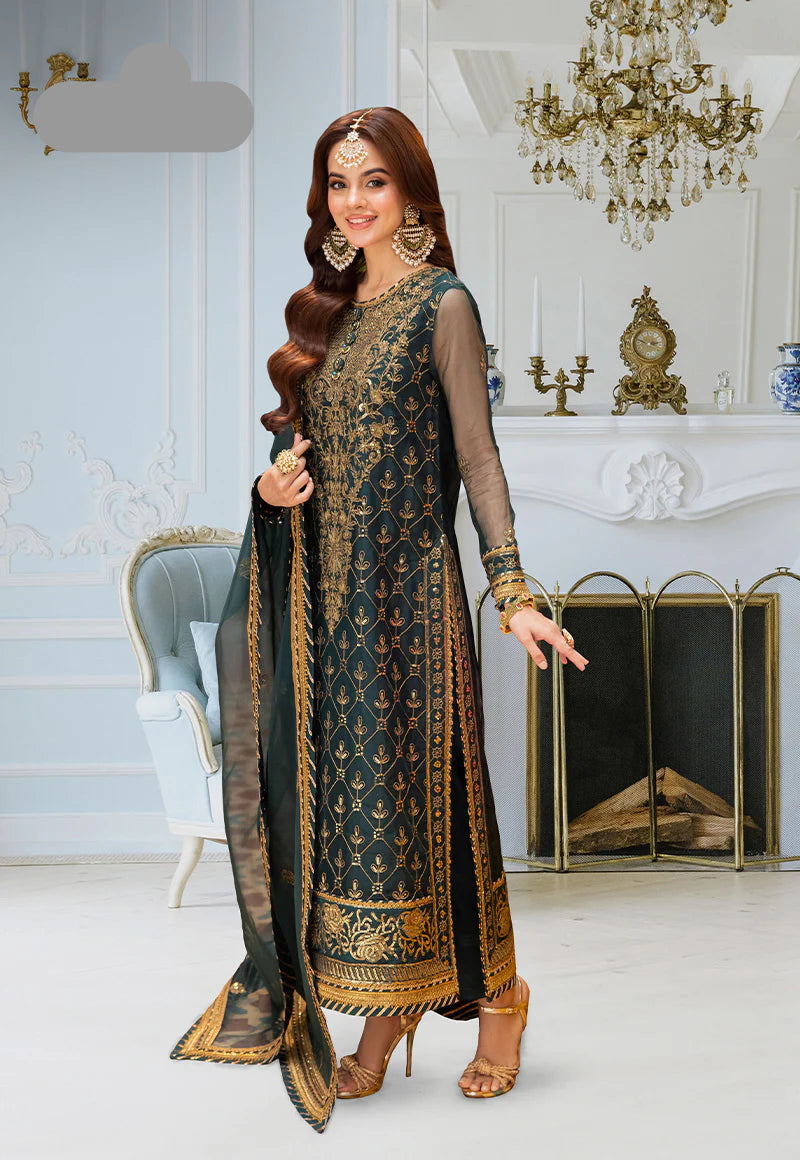 Chiffon 3 Pc Embroidered Spengle Work Suit - Unstitched