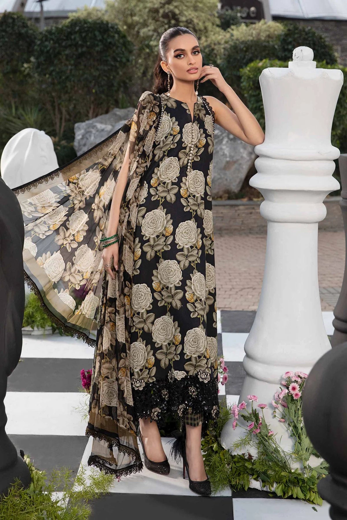 3 Piece Heavy Embroidery with Digital Printed Lawn Suit with Chiffon Dupatta - Unstitched