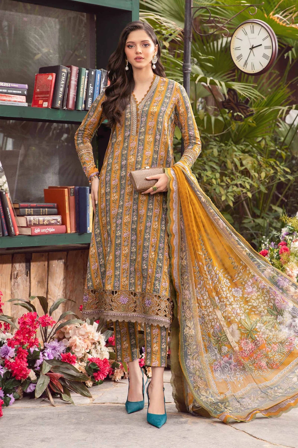 3 Piece Heavy Embroidery Lawn Suit with Spangle Work with Chiffon Dupatta - Unstitched