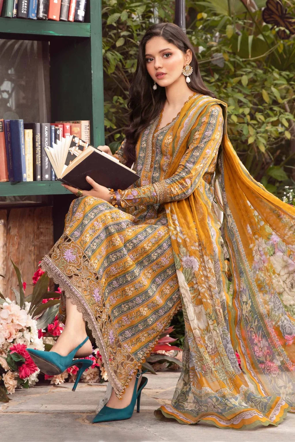 3 Piece Heavy Embroidery Lawn Suit with Spangle Work with Chiffon Dupatta - Unstitched