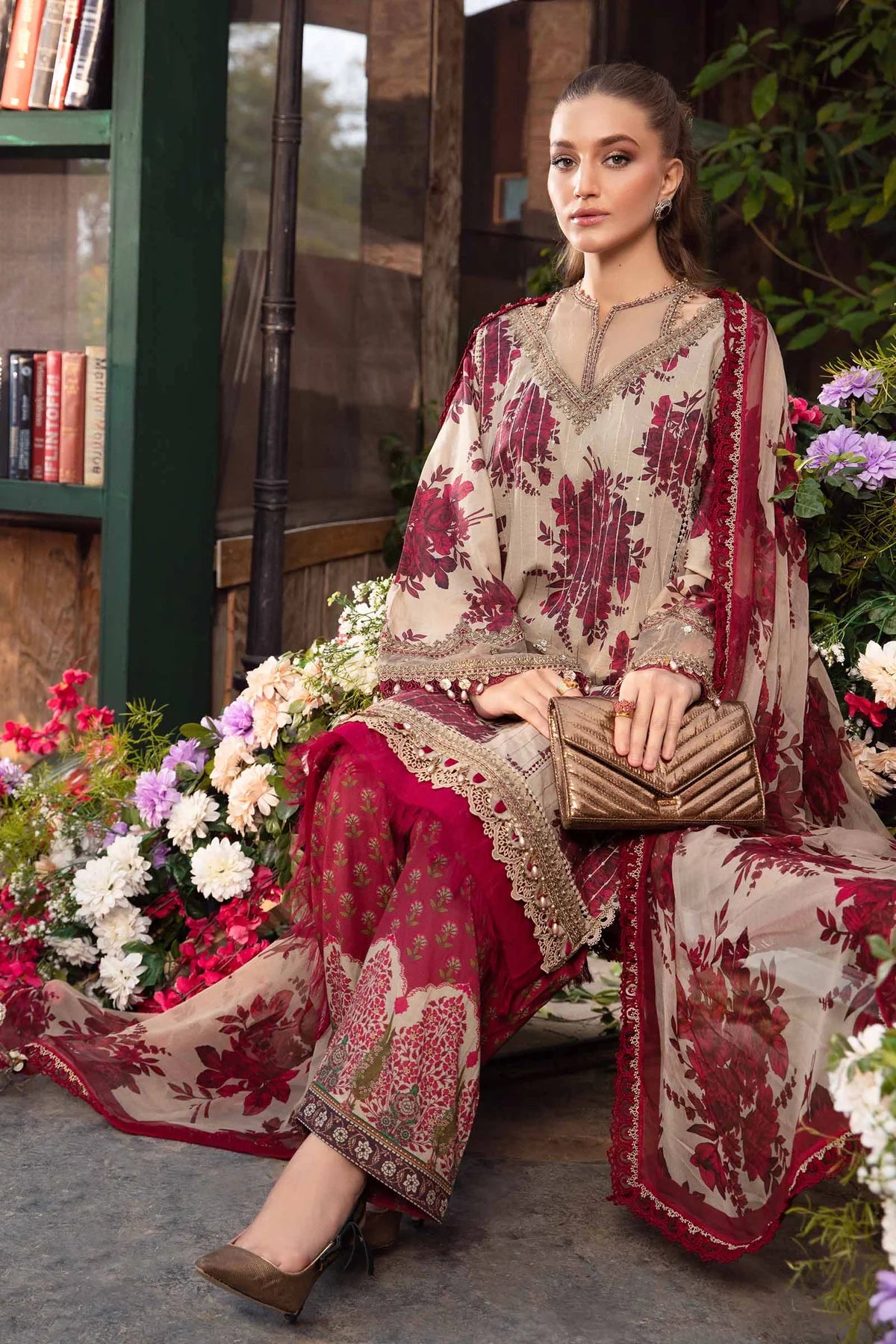 3 Piece Heavy Embroidery with Spangle Work Lawn Suit with Chiffon Dupatta - Unstitched