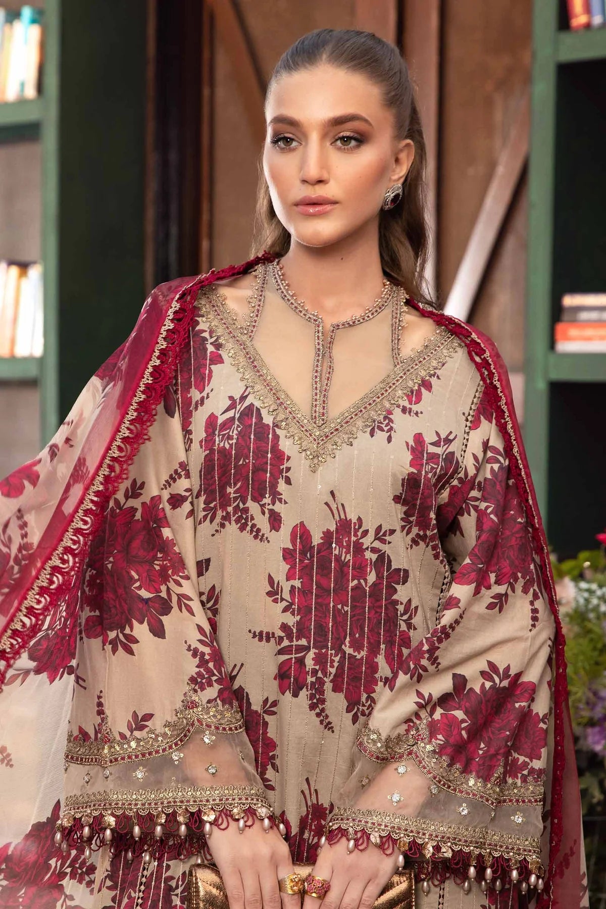 3 Piece Heavy Embroidery with Spangle Work Lawn Suit with Chiffon Dupatta - Unstitched