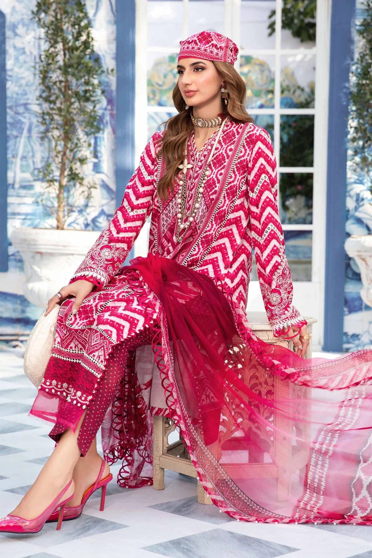 3 Piece Embroidered Lawn Suit with Spangle Work and Chiffon Dupatta - Unstitched