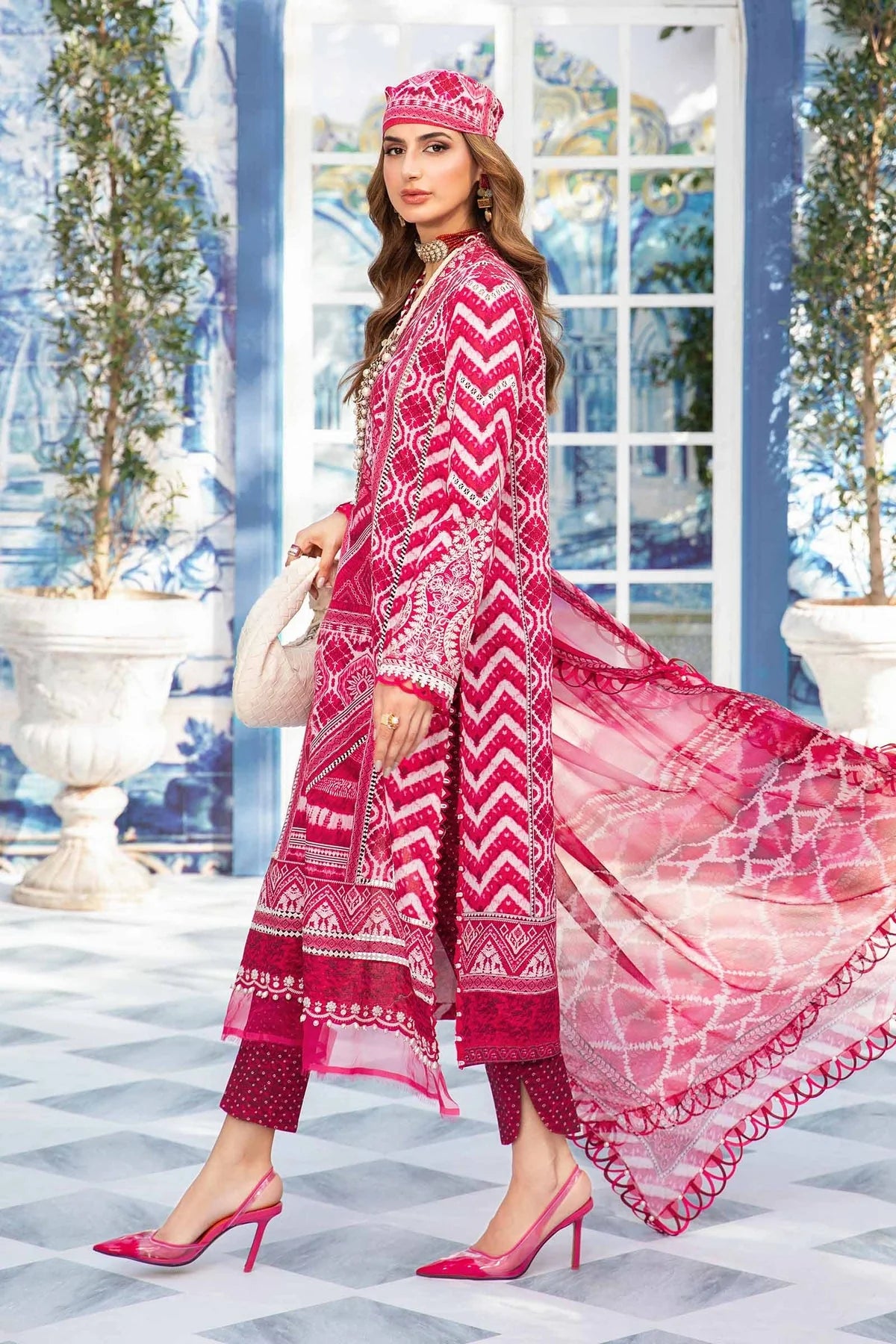 3 Piece Embroidered Lawn Suit with Spangle Work and Chiffon Dupatta - Unstitched