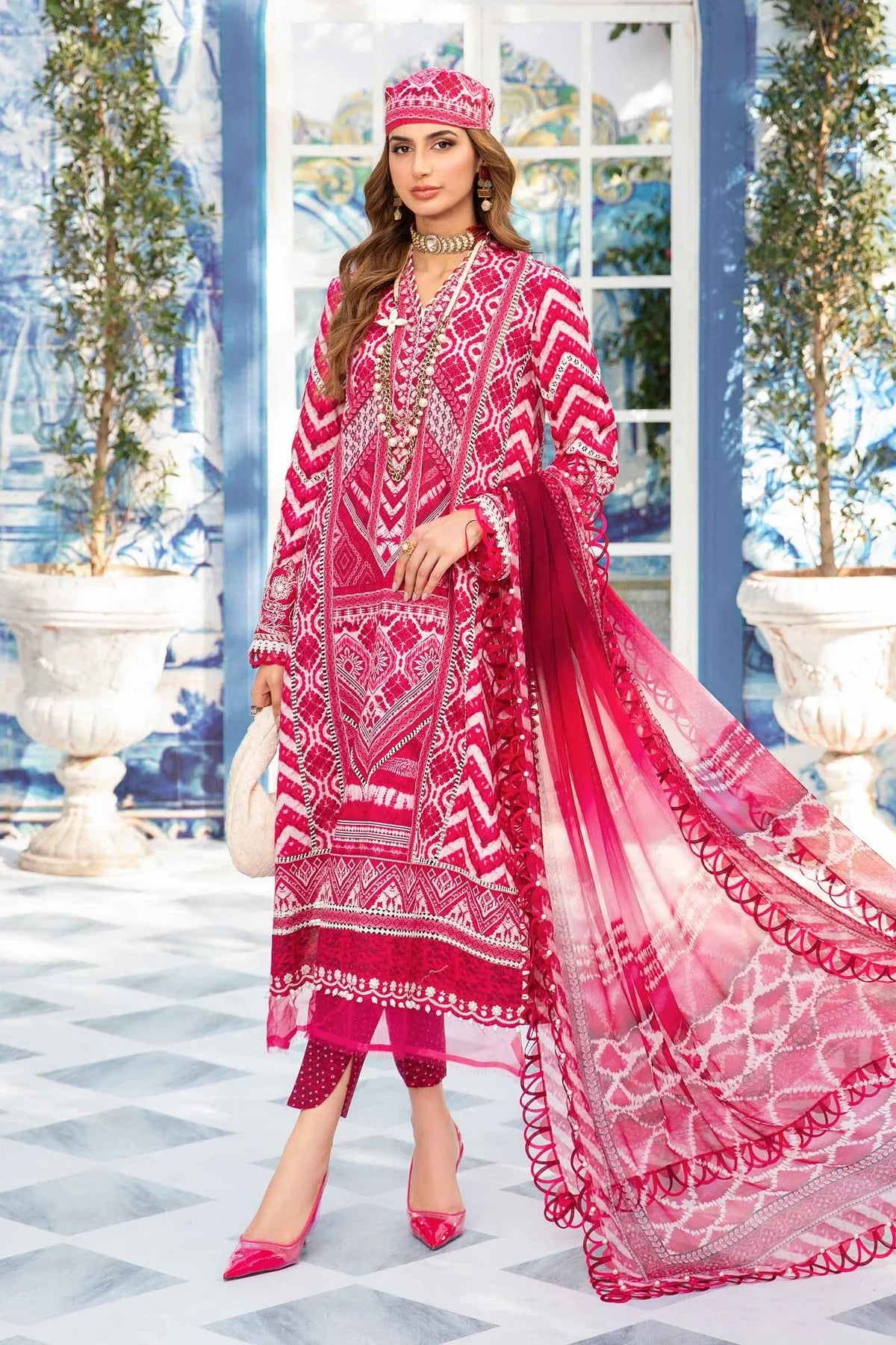 3 Piece Embroidered Lawn Suit with Spangle Work and Chiffon Dupatta - Unstitched