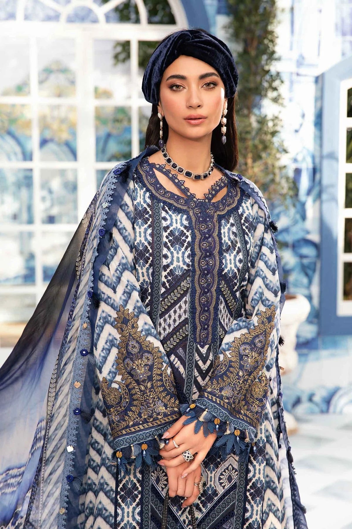 3 Piece Embroidered Lawn Suit with Spangle Work and Chiffon Dupatta - Unstitched