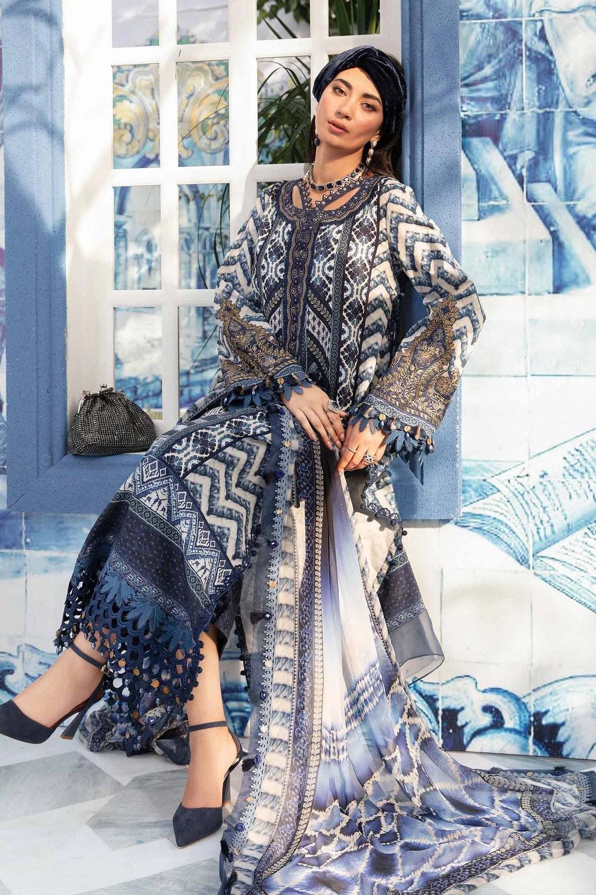 3 Piece Embroidered Lawn Suit with Spangle Work and Chiffon Dupatta - Unstitched