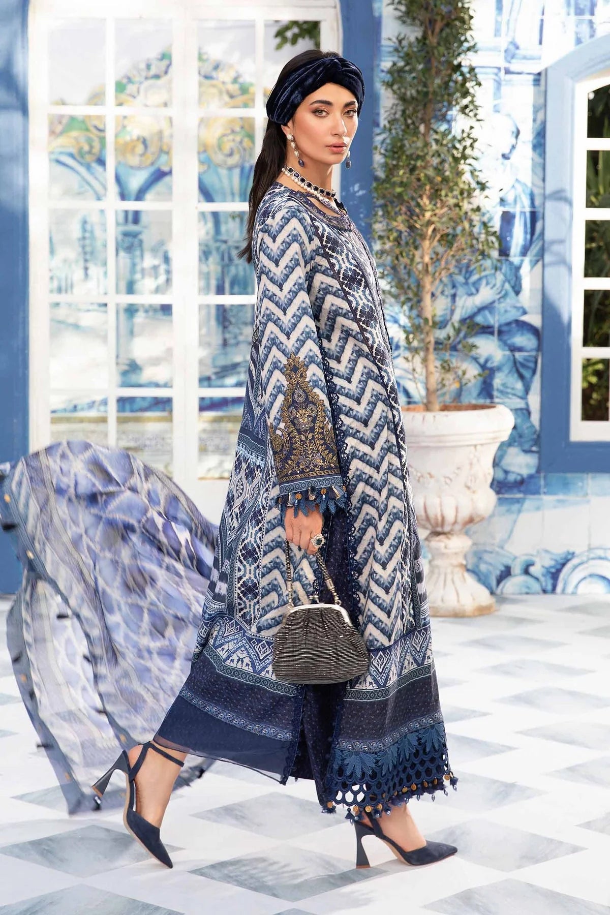 3 Piece Embroidered Lawn Suit with Spangle Work and Chiffon Dupatta - Unstitched