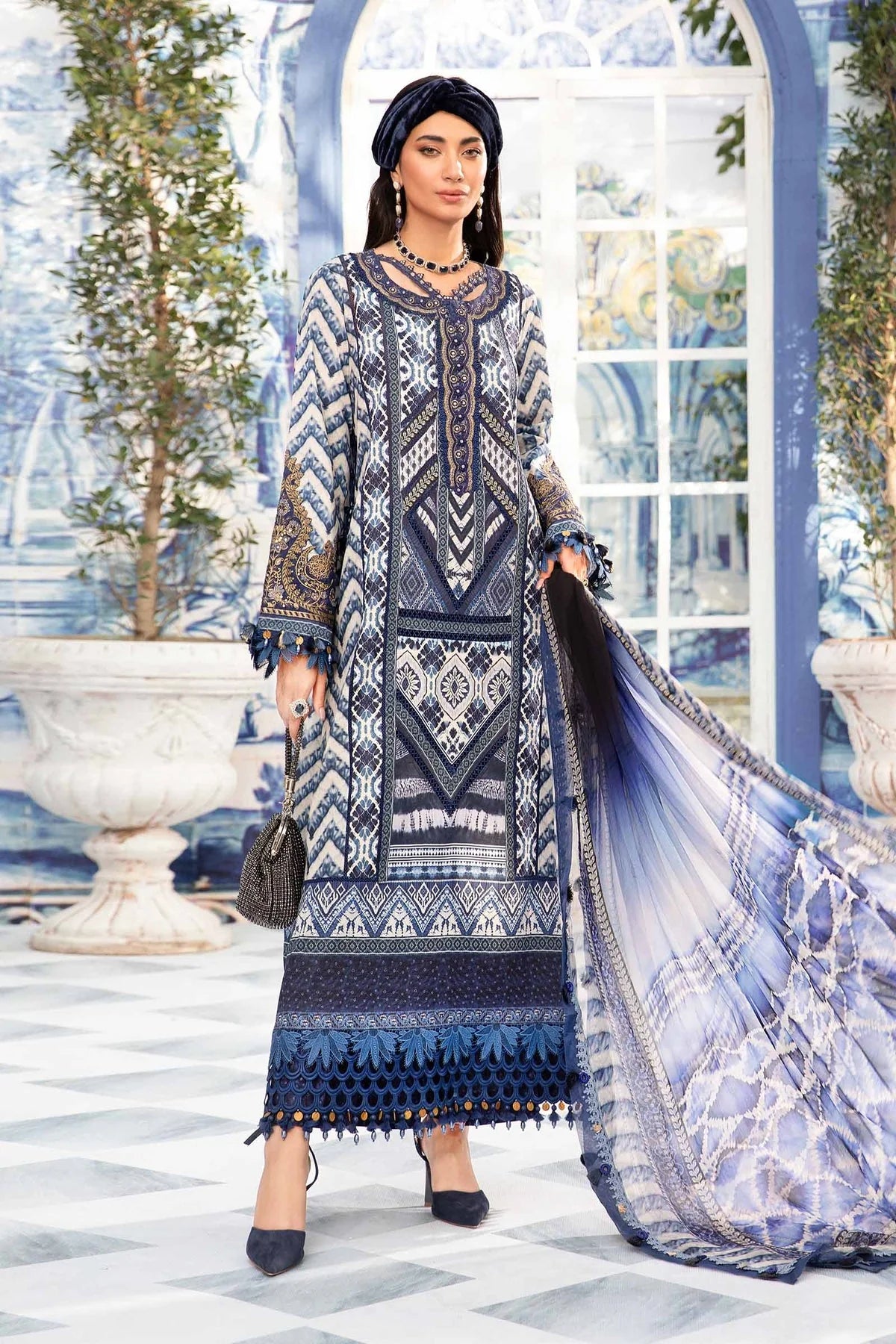 3 Piece Embroidered Lawn Suit with Spangle Work and Chiffon Dupatta - Unstitched