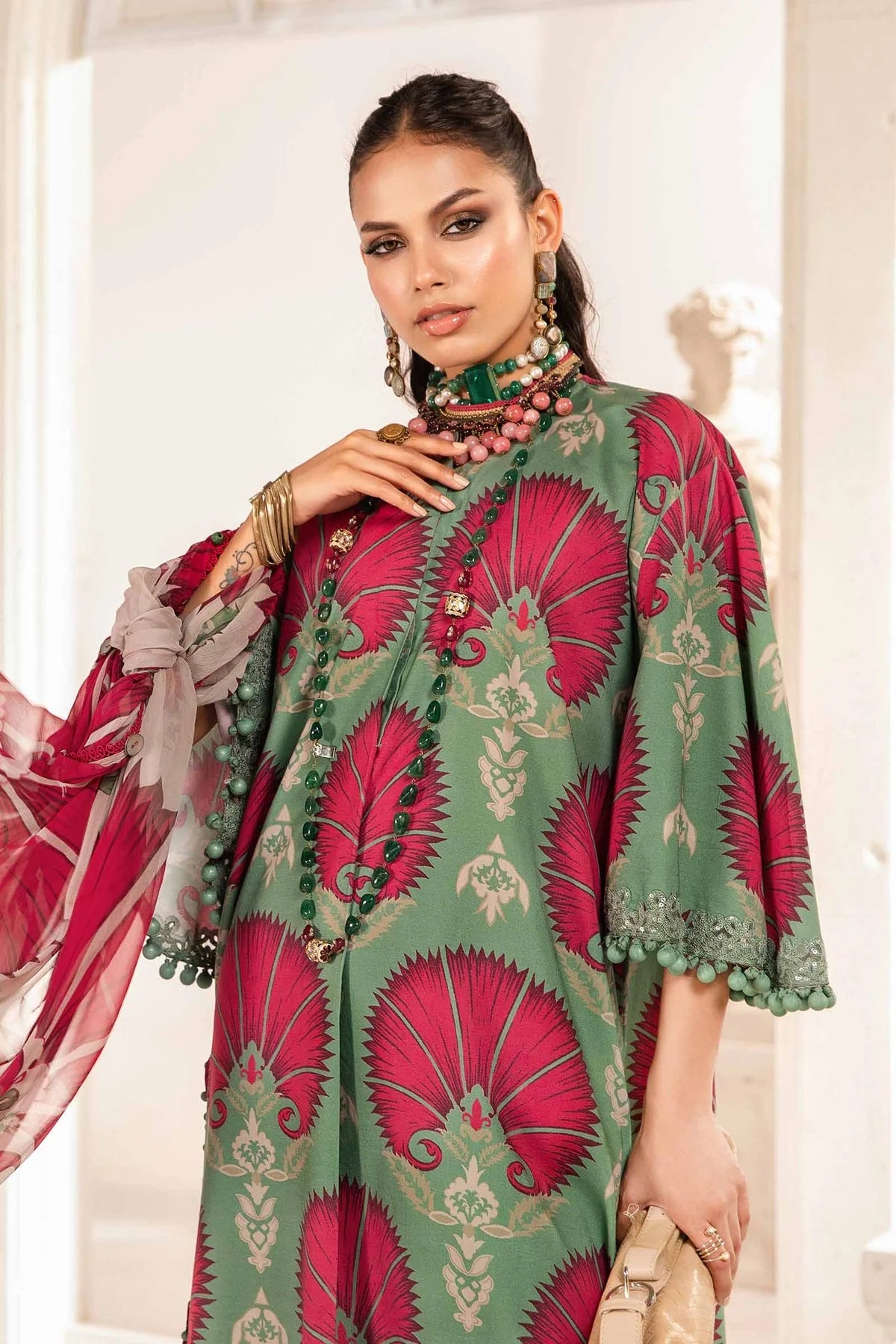 3 Piece Lawn Suit with Embroidered Spangle Work and Chiffon Dupatta - Unstitched