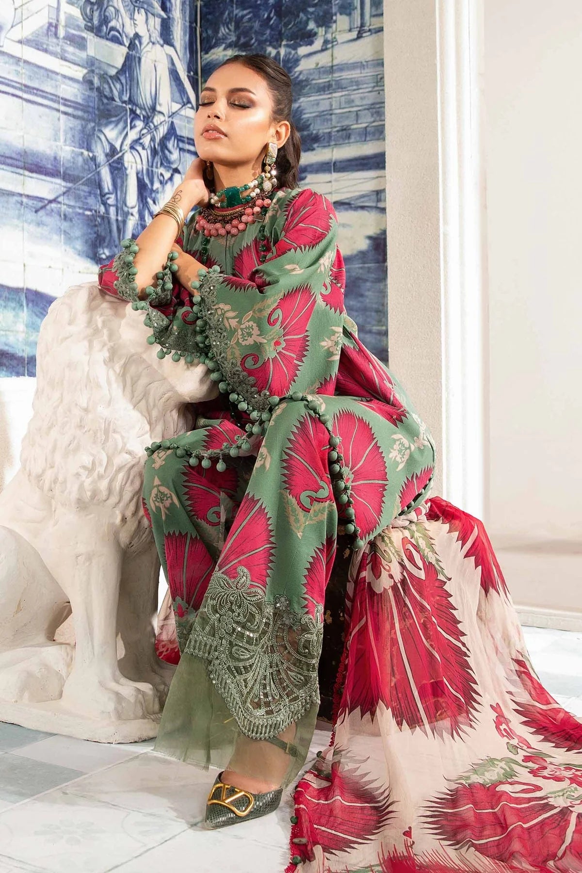 3 Piece Lawn Suit with Embroidered Spangle Work and Chiffon Dupatta - Unstitched