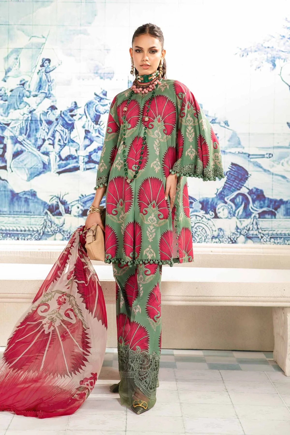 3 Piece Lawn Suit with Embroidered Spangle Work and Chiffon Dupatta - Unstitched