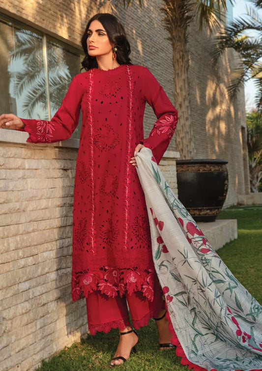 3 Piece Heavy Embroidery Chikankari Lawn Suit With Silk Dupatta - Unstitched