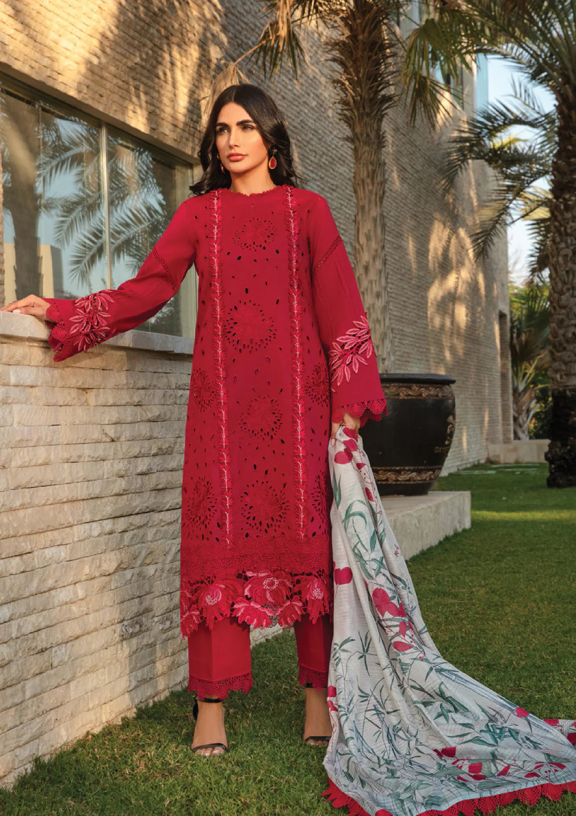 3 Piece Heavy Embroidery Chikankari Lawn Suit With Silk Dupatta - Unstitched