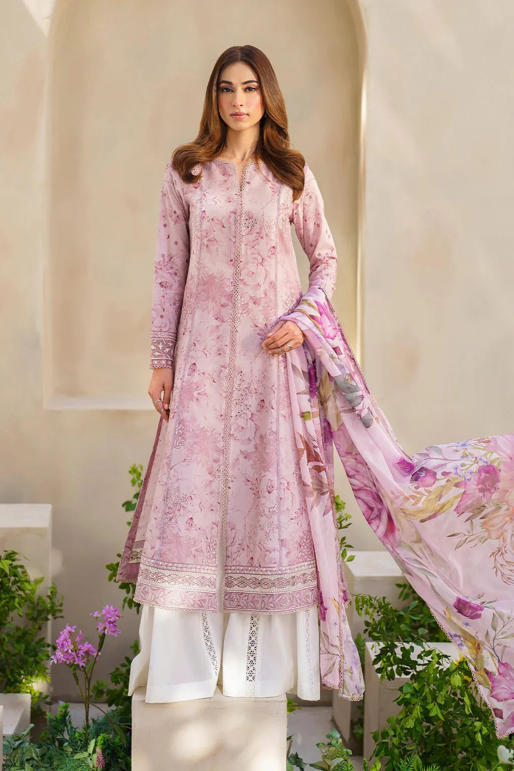 3 Piece Embroidered Spangle & Scifflie Work Lawn Suit with Chiffon Dupatta - Unstitched