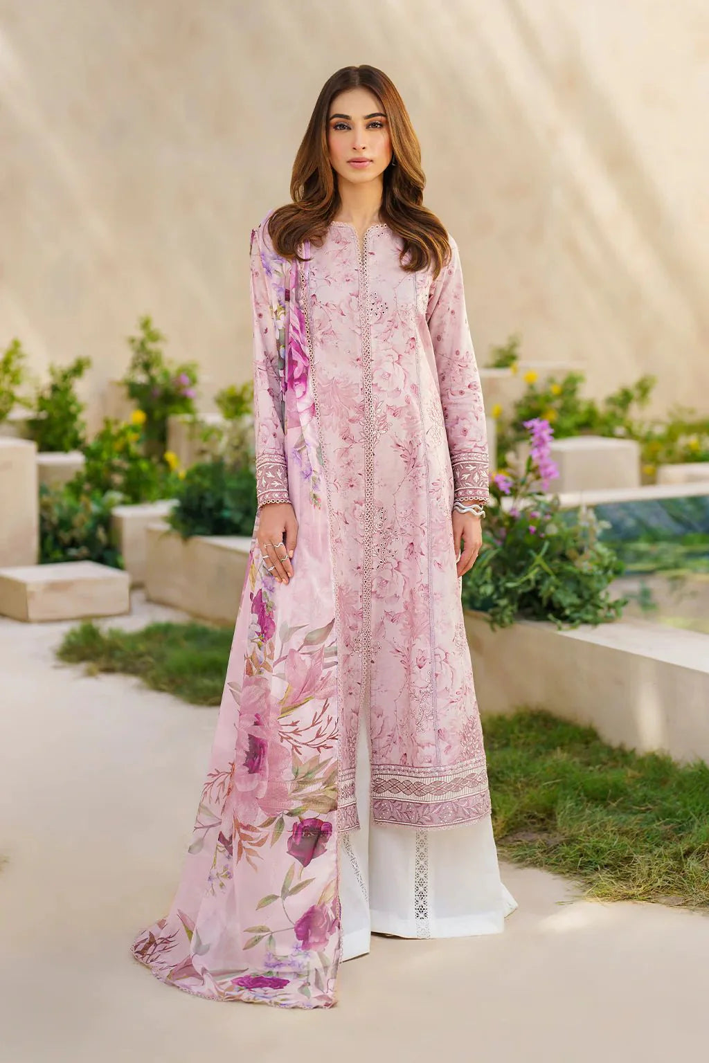 3 Piece Embroidered Spangle & Scifflie Work Lawn Suit with Chiffon Dupatta - Unstitched