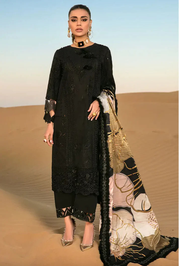 BLACK EMBROIDERED LAWN WITH SILK DUPATTA - Unstitched