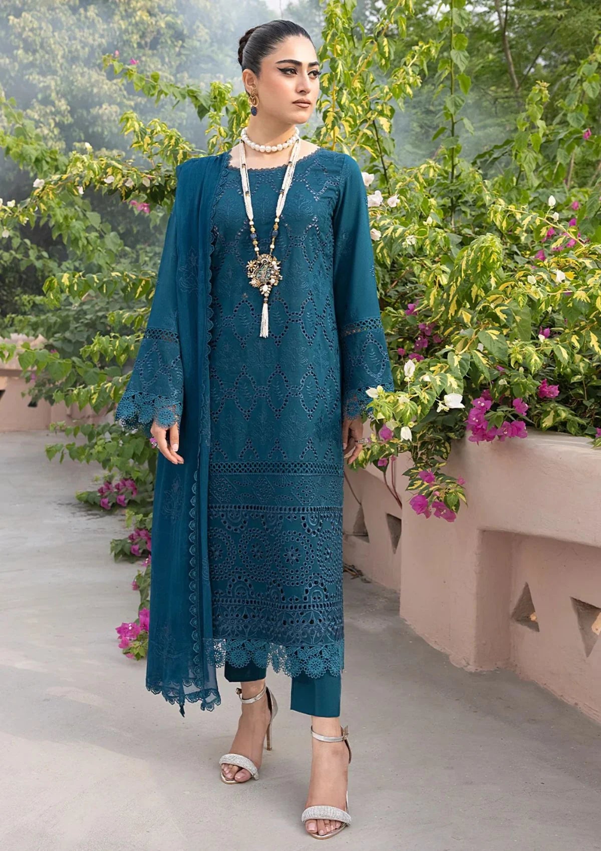 3 Piece Heavy Embroidered Cotton Chikankari Suit with Chiffon Dupatta - Unstitched