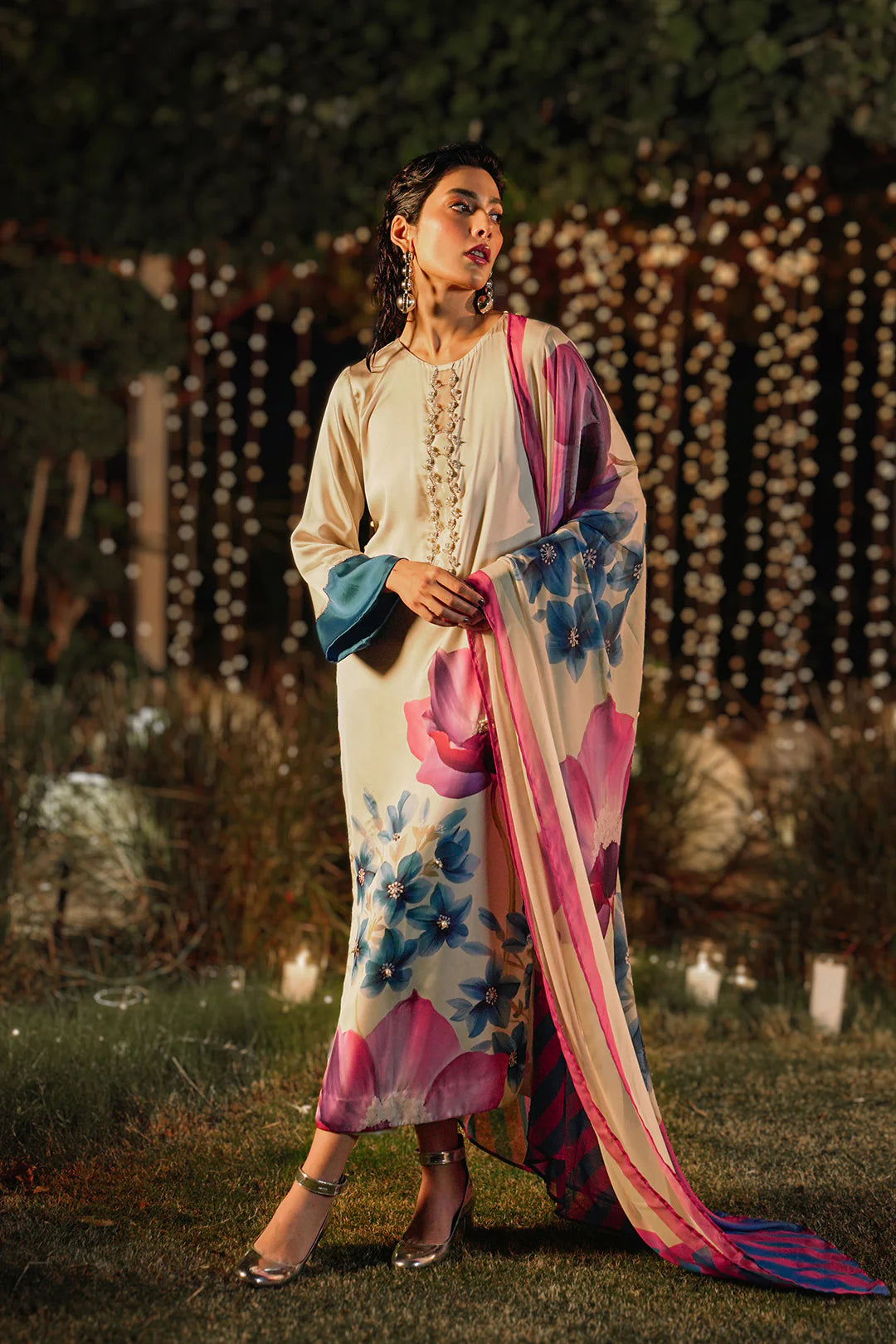 3 Pc Digital Printed Silk Suit with Embroidery & Stonework Gala - Unstitched