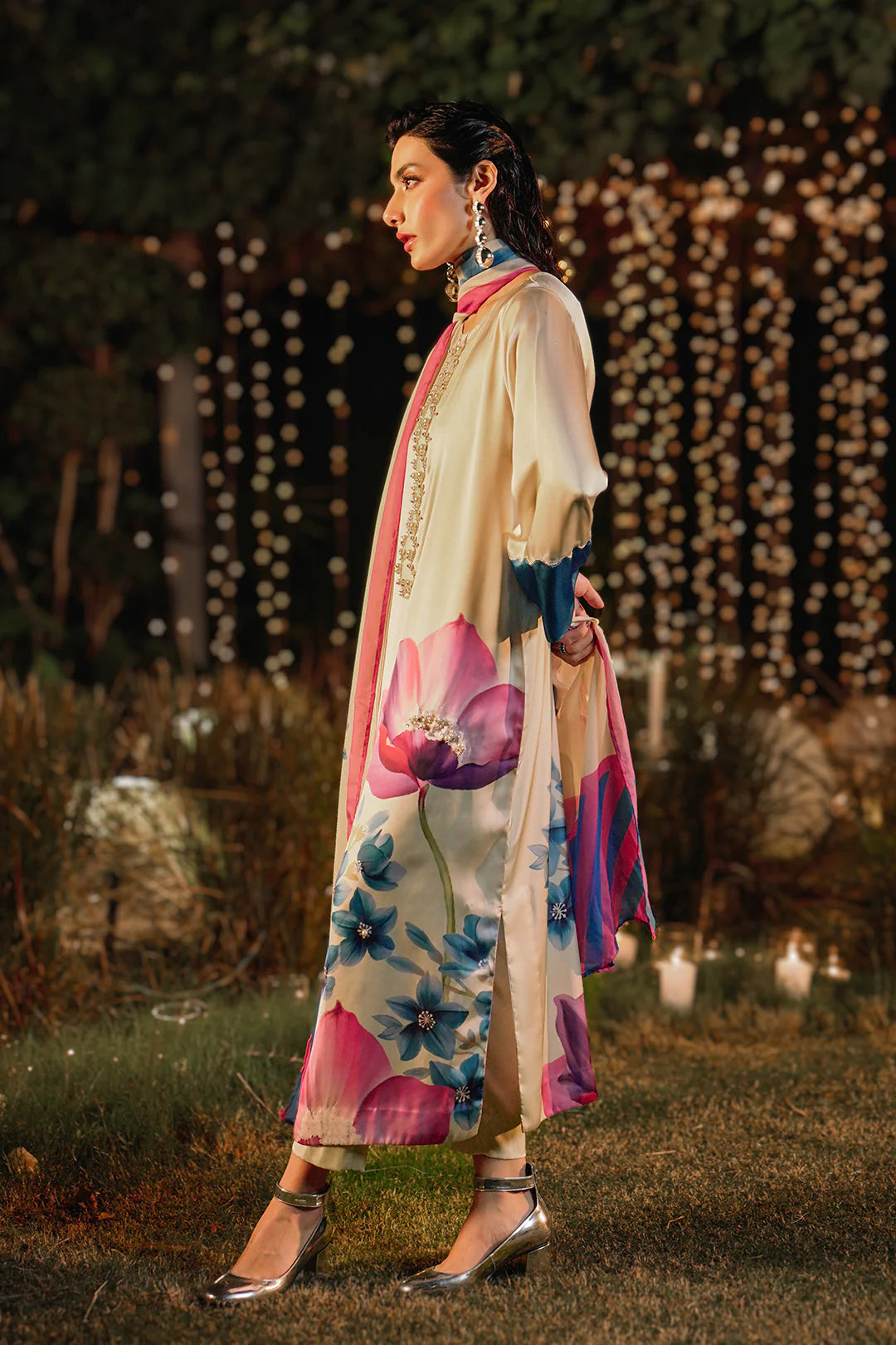 3 Pc Digital Printed Silk Suit with Embroidery & Stonework Gala - Unstitched