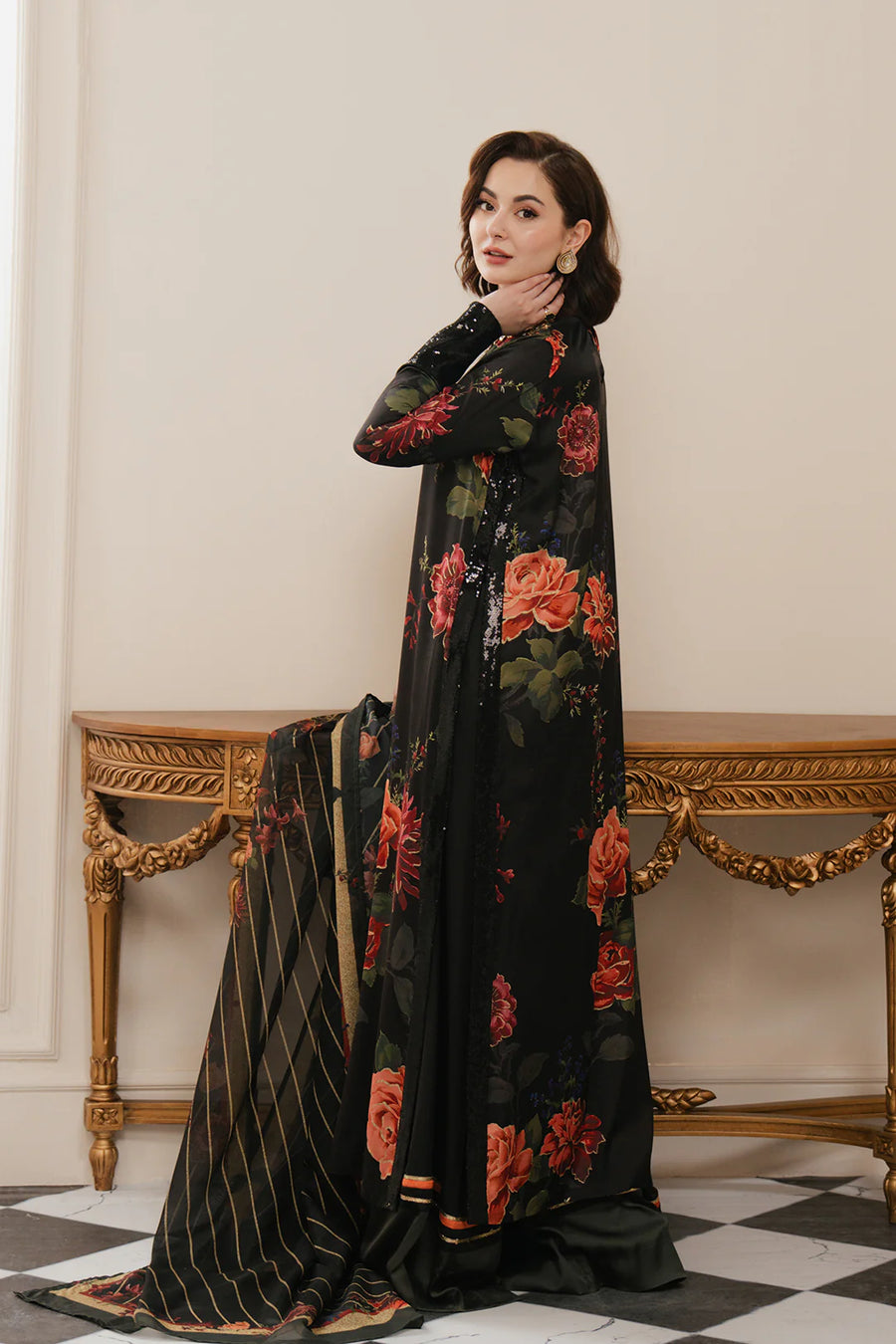 3 Pc Black Silk Digital Printed Suit - Unstitched