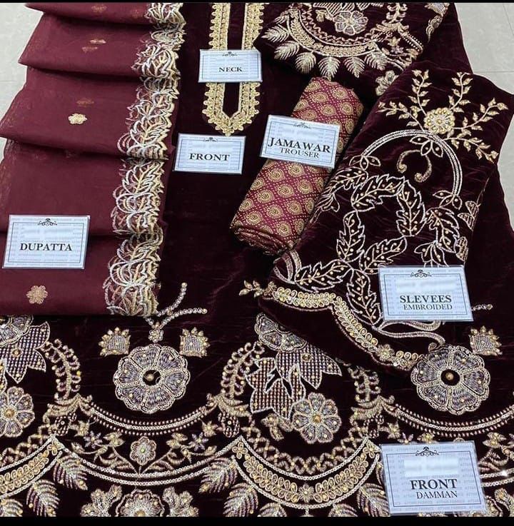 Formal Embroidered Velvet Suits Unstitched 3 Piece