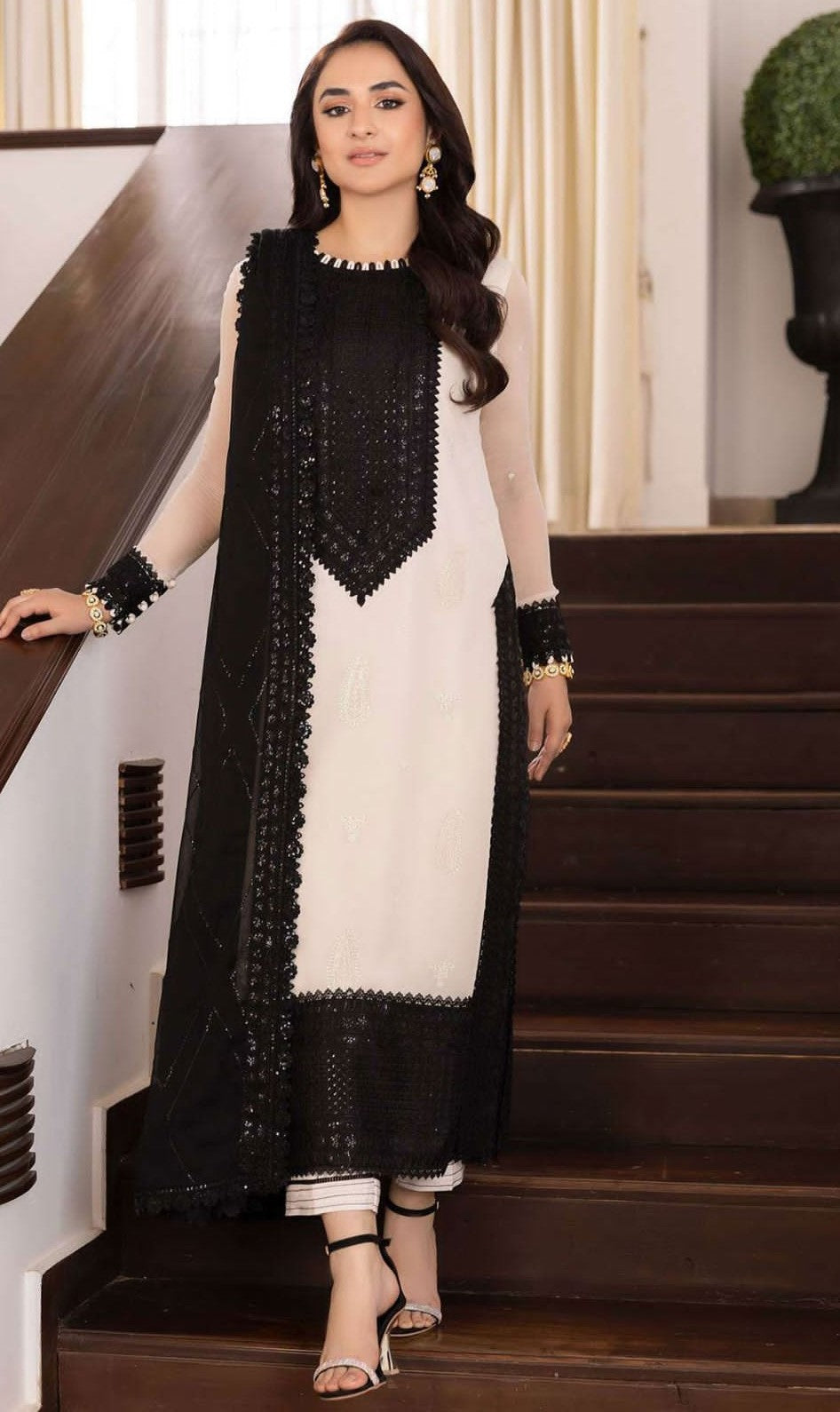 Heavy Embroidered 3 pcs Chiffon - Black and White