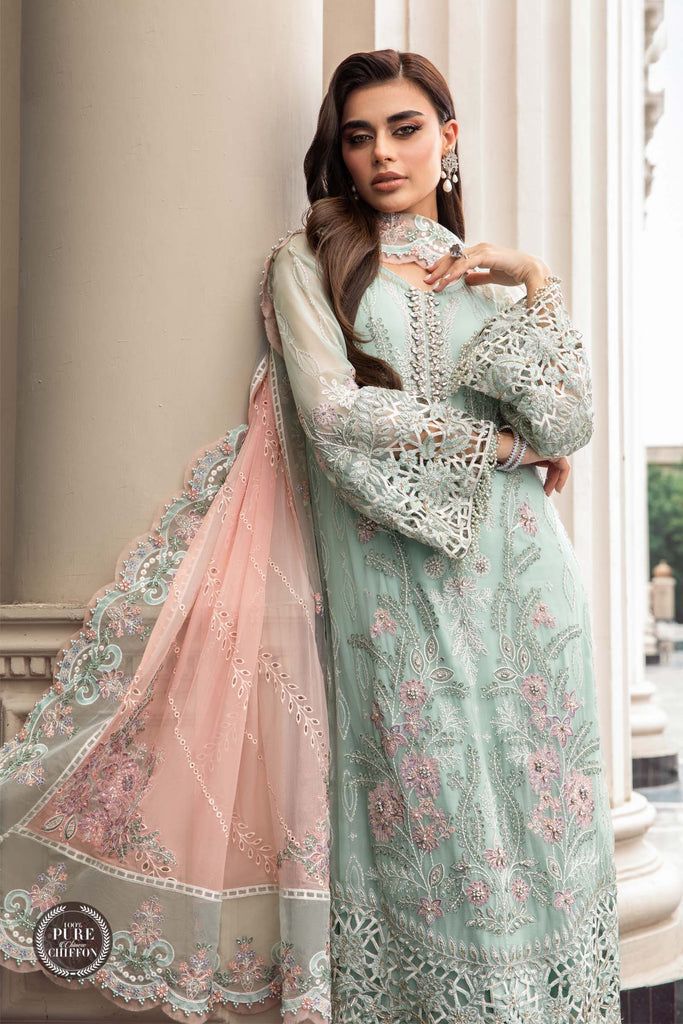 3 Piece Embroidered Chiffon & Malai Suit with Chikankari Dupatta - Unstitched