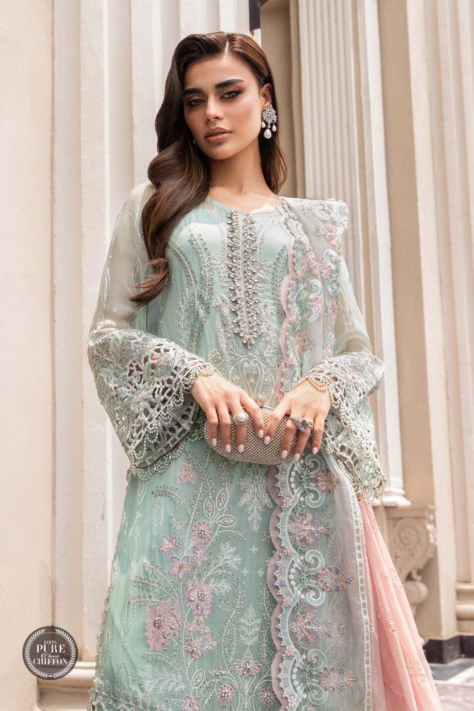 3 Piece Embroidered Chiffon & Malai Suit with Chikankari Dupatta - Unstitched