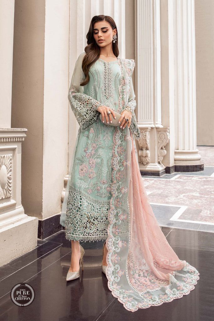 3 Piece Embroidered Chiffon & Malai Suit with Chikankari Dupatta - Unstitched