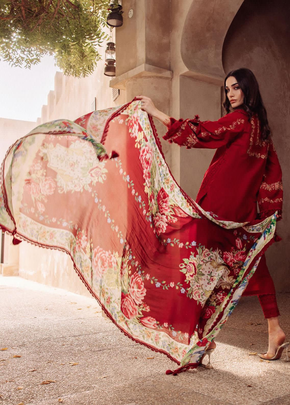 3 Pcs Unstitched Embroidered Lawn Suit With Silk Dupatta