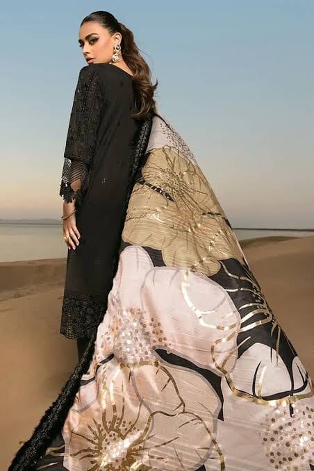 BLACK EMBROIDERED LAWN WITH SILK DUPATTA - Unstitched