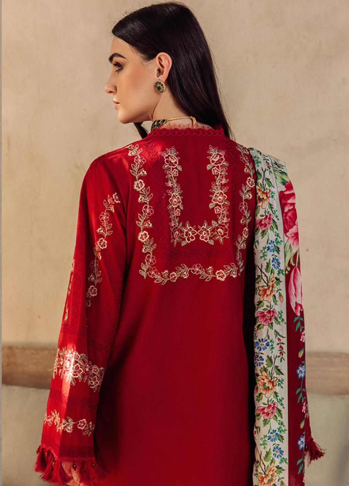 3 Pcs Unstitched Embroidered Lawn Suit With Silk Dupatta