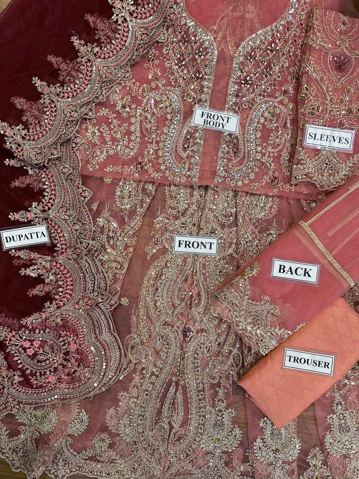 3 Piece Salmon Pink Organza-Jamawar Embroidered Ensemble Hand Embellished with Intricate Applique Work - Unstitched