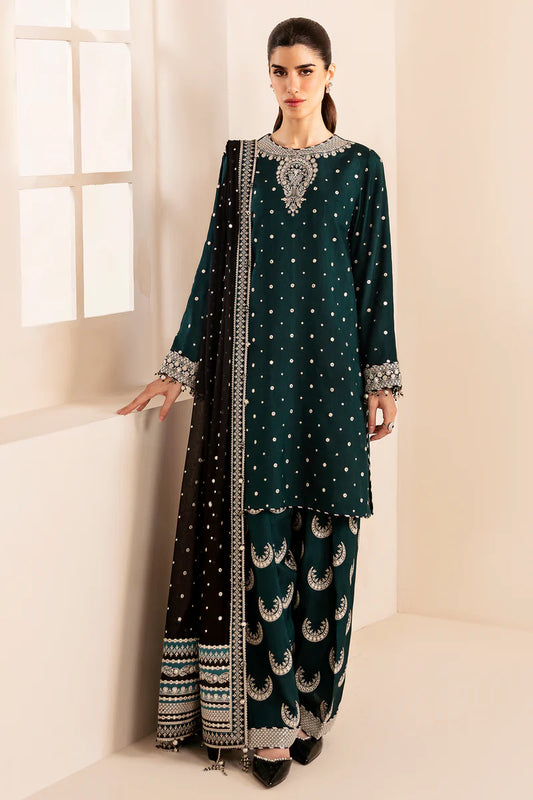 Raw Silk Heavy Embroidered 3 Pc Suit with Semi-Pure Chiffon with Velvet Embroidered Border Dupatta - Unstitched