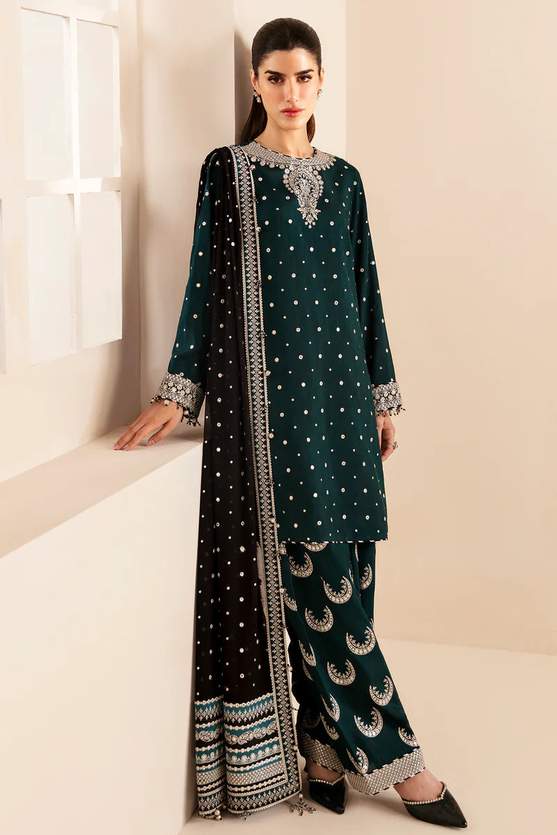 Raw Silk Heavy Embroidered 3 Pc Suit with Semi-Pure Chiffon with Velvet Embroidered Border Dupatta - Unstitched