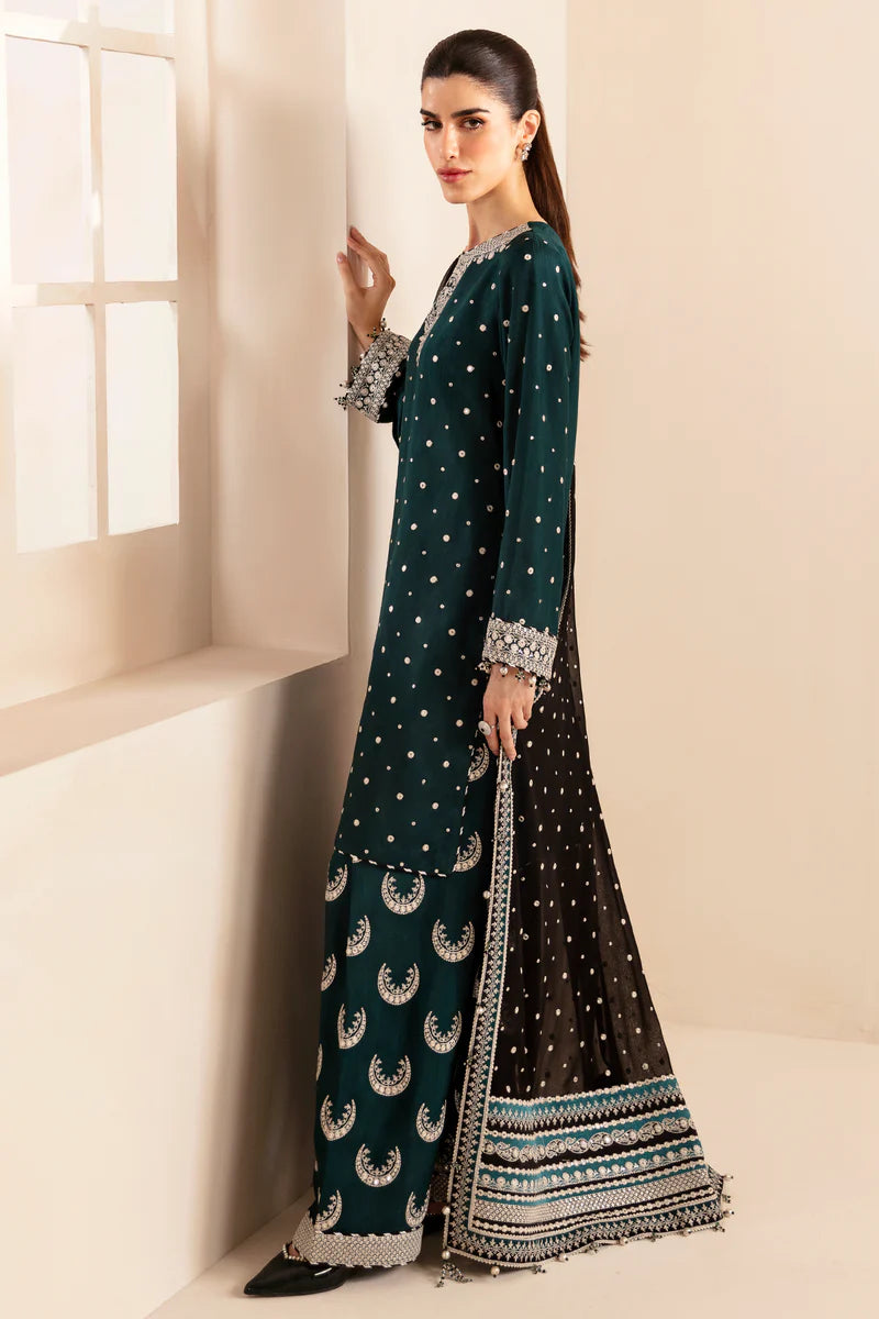 Raw Silk Heavy Embroidered 3 Pc Suit with Semi-Pure Chiffon with Velvet Embroidered Border Dupatta - Unstitched