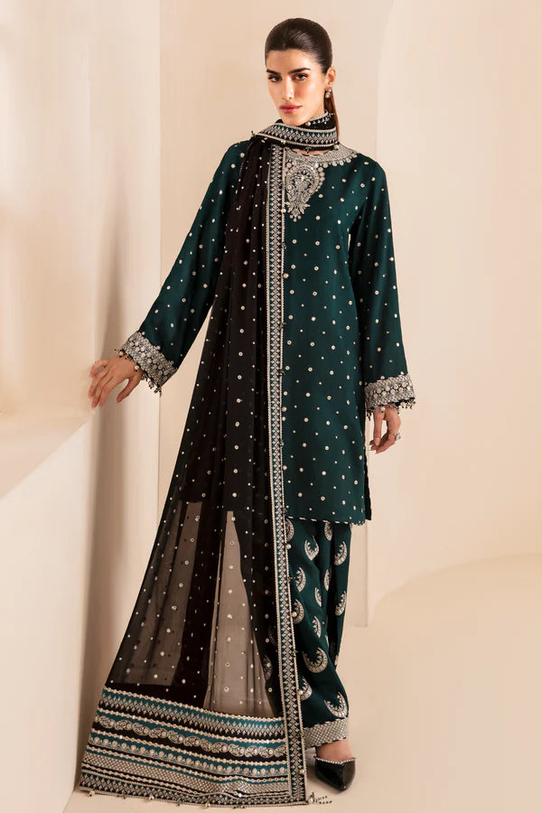 Raw Silk Heavy Embroidered 3 Pc Suit with Semi-Pure Chiffon with Velvet Embroidered Border Dupatta - Unstitched