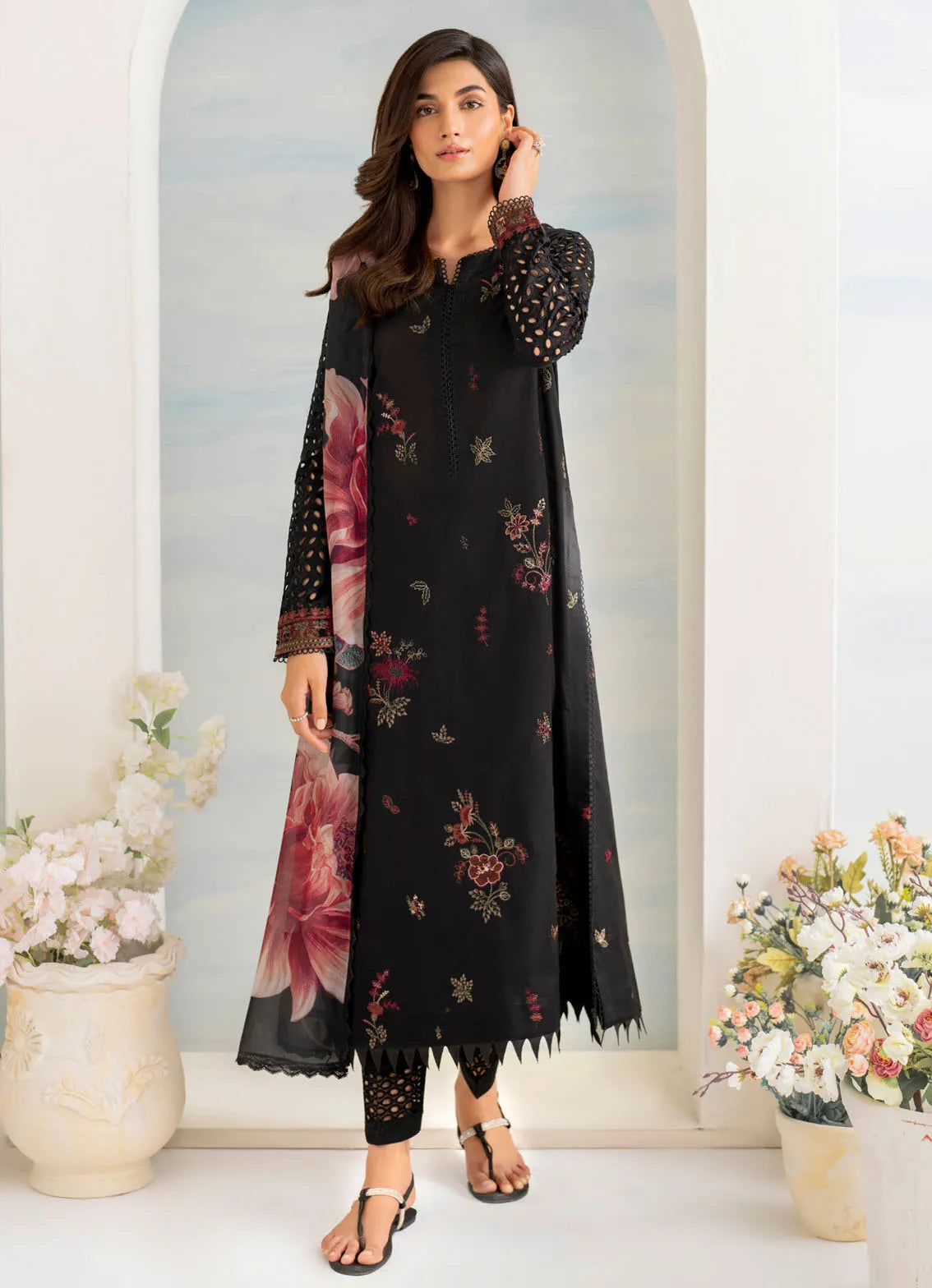 3 Pc Embroidered Lawn Suit with Silk Digital Print Dupatta - Unstitched