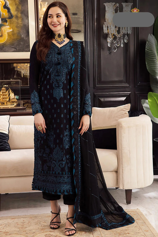 3 Pc Heavy Embroidered Chiffon Suit, Spangle Work, Dyed Trouser - Unstitched