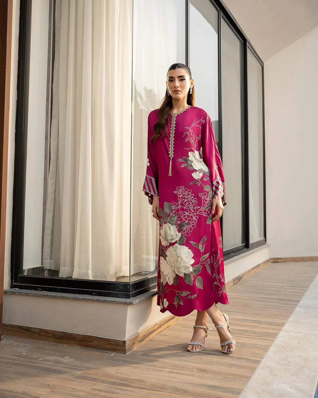 3 Pc Digital Printed Silk Suit with Embroidery & Stonework Gala - Unstitched