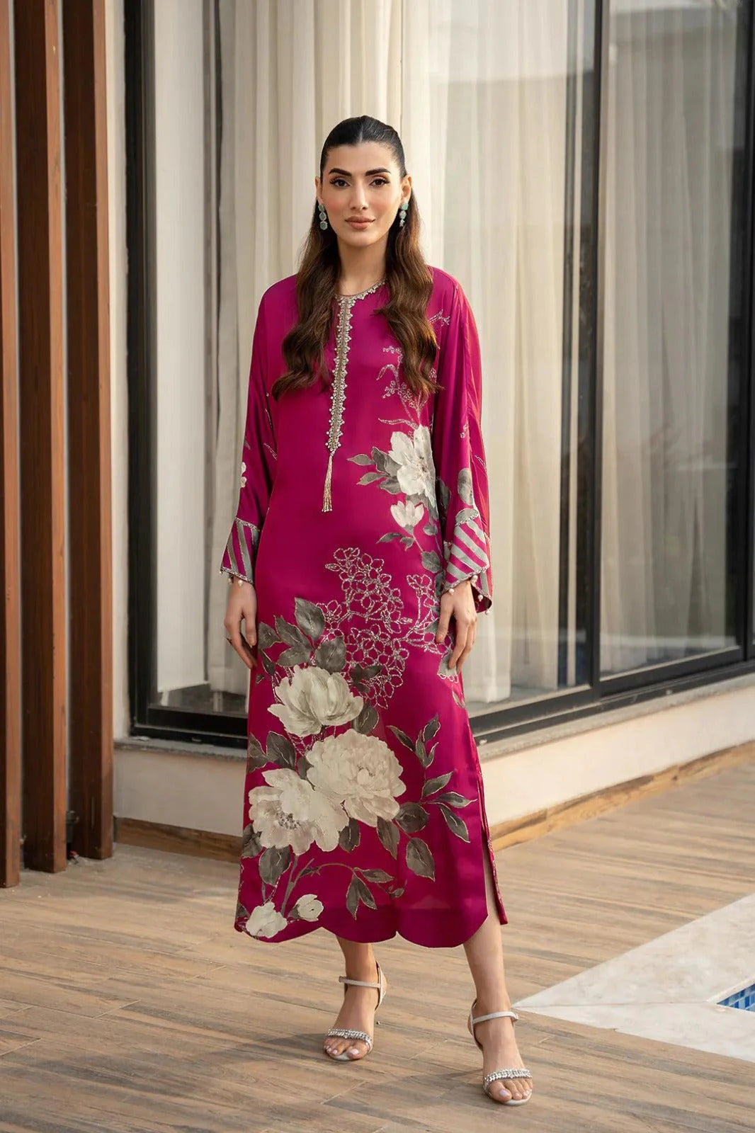 3 Pc Digital Printed Silk Suit with Embroidery & Stonework Gala - Unstitched