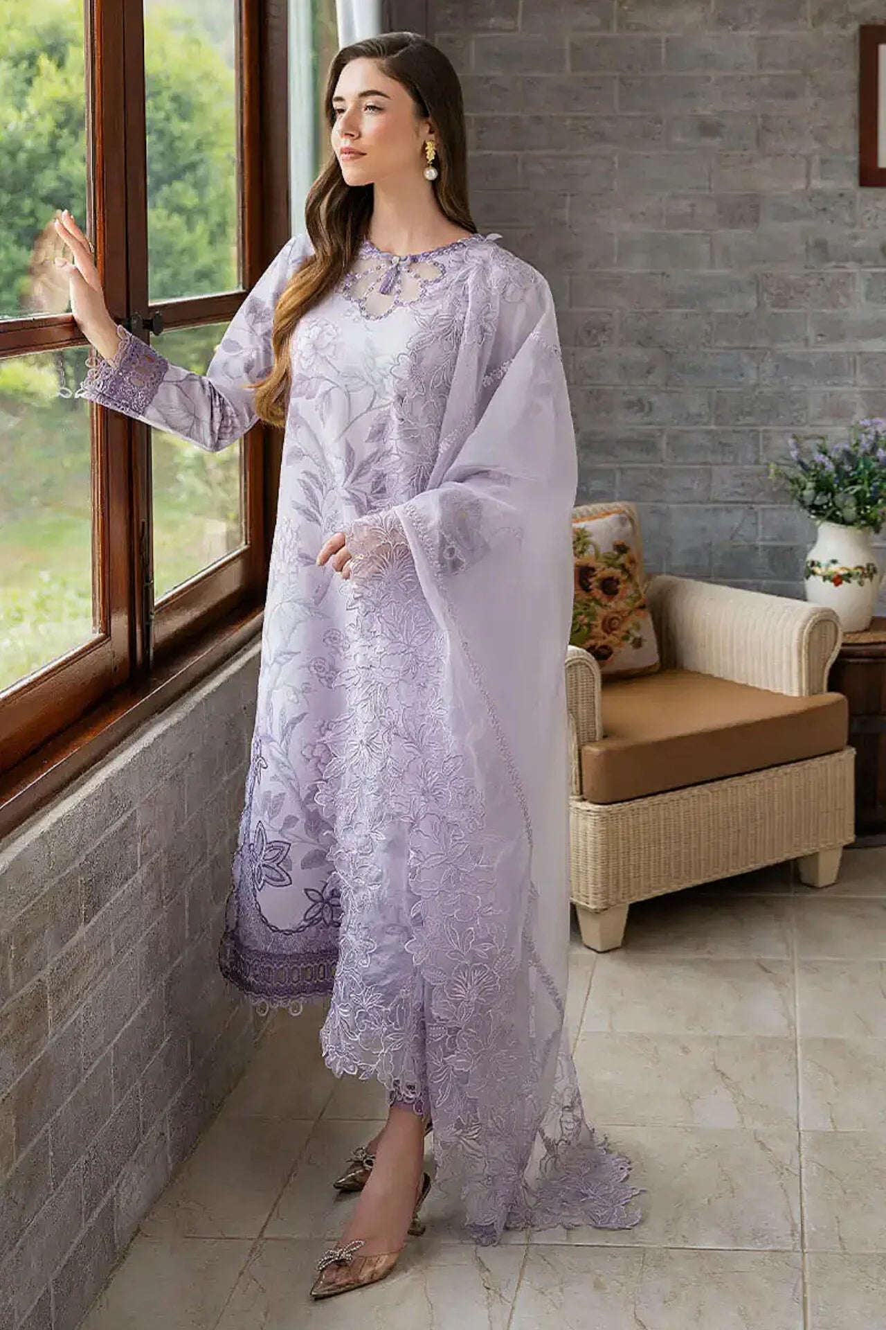 3 Piece Embroidered Lawn Suit with Organza Dupatta - Unstitched